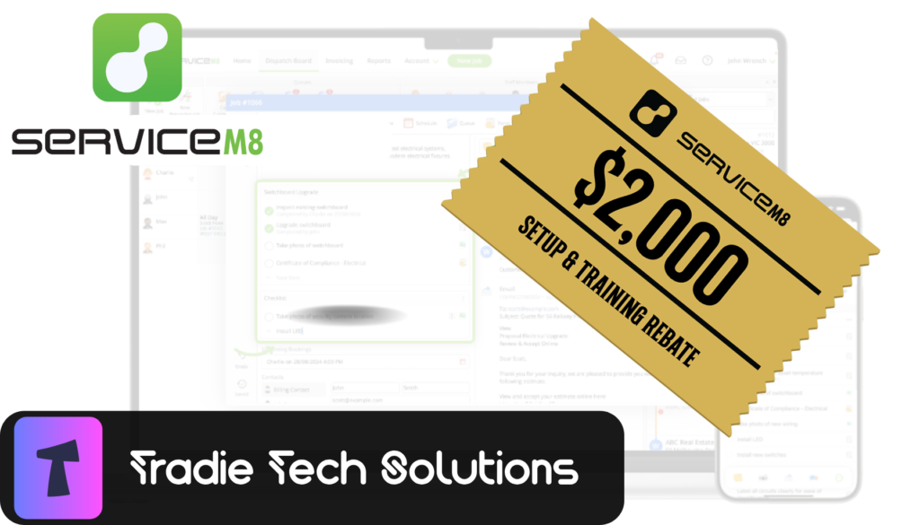 ServiceM8 $2000 setup and training rebate for trade businesses to streamline job management. Claim up to $2000 in ServiceM8 account credit by engaging certified partners for setup and training services.