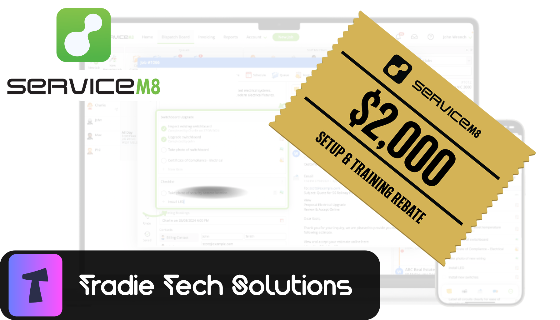 ServiceM8 $2000 setup and training rebate for trade businesses to streamline job management.