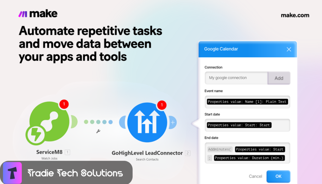 Automating lead capture and job creation between LeadConnector and ServiceM8 using Make integration.